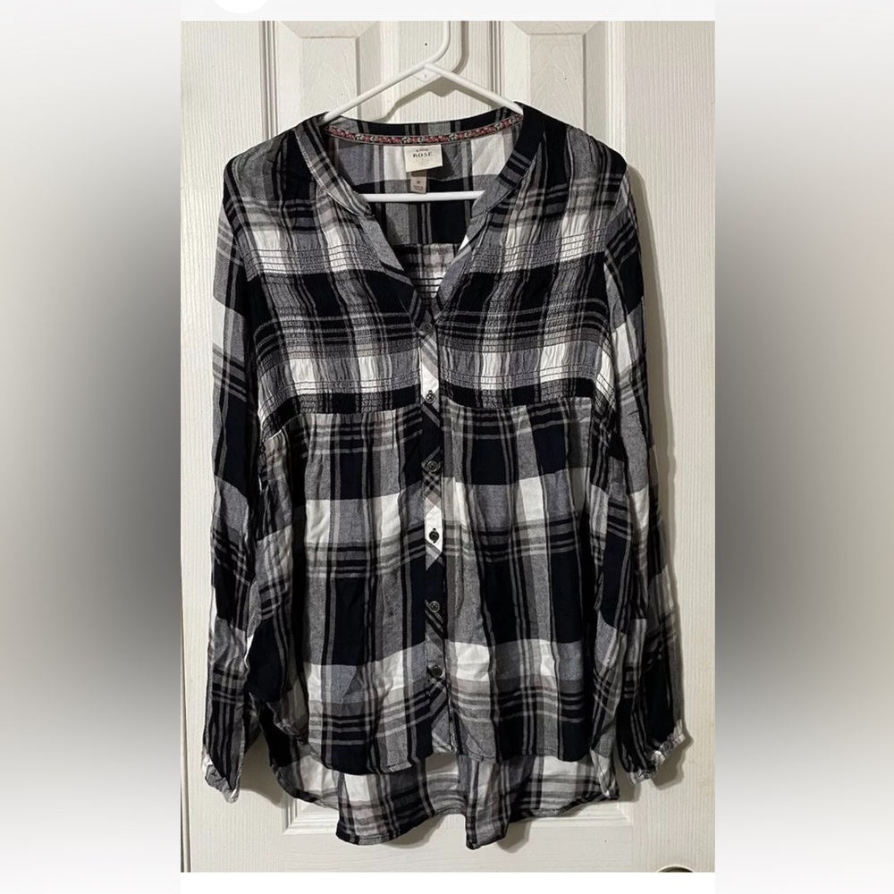 Knox Rose Black White Plaid Button-Up Tunic Top Medium